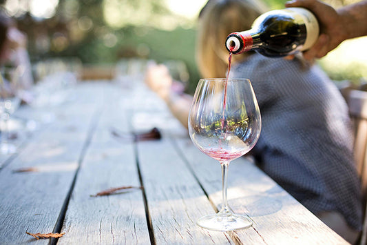 person pouring red wine into a glass on a picnic table